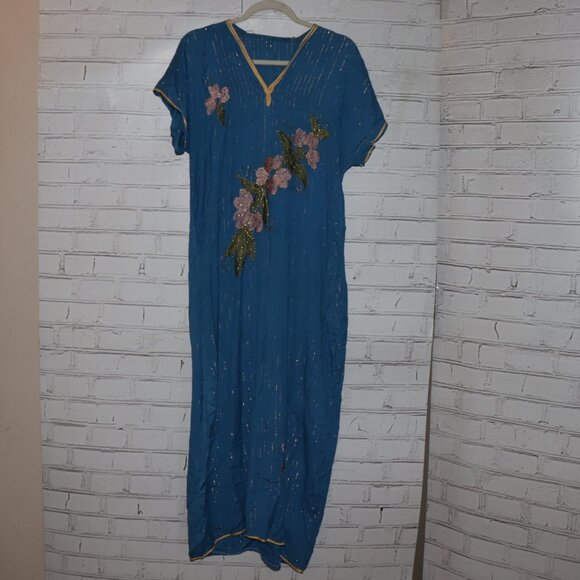 💙 VINTAGE BLUE & GOLD FLORAL DRESS 💙 - Picture 1 of 7